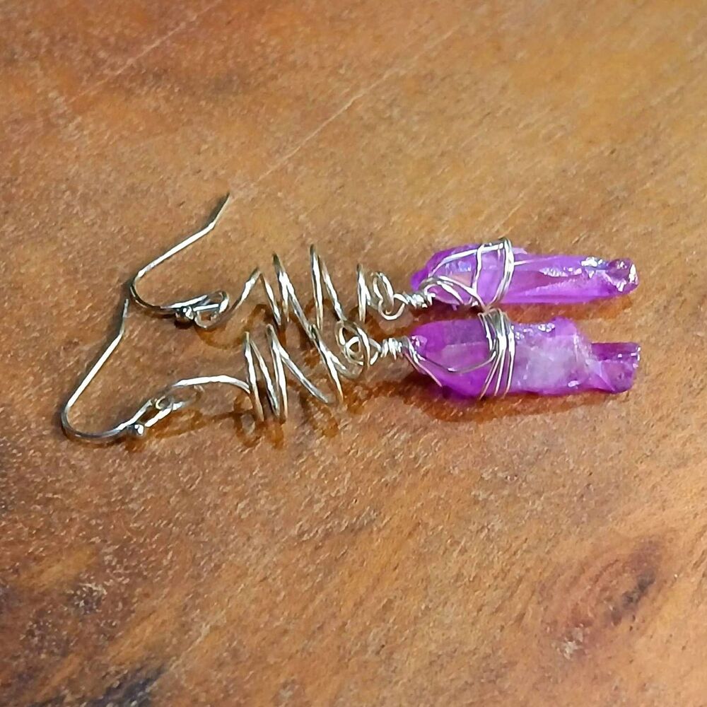 Dyed Quartz Crystal Dangle Earrings, Silver Swirl, Gemstone Iridescent Boho